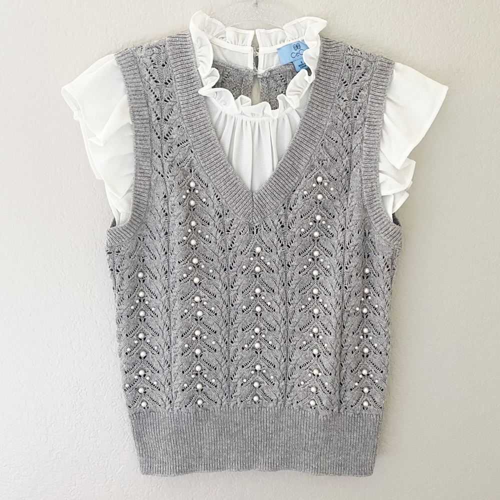 Cece Grey Pearl Layered Vest Blouse 2 in 1